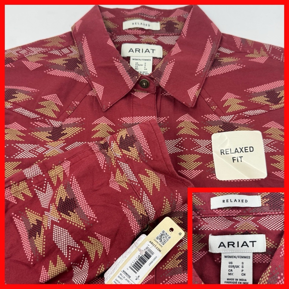 Ariat Billie Jean Shirt Womens S Red Southwestern Relaxed Western Button Down